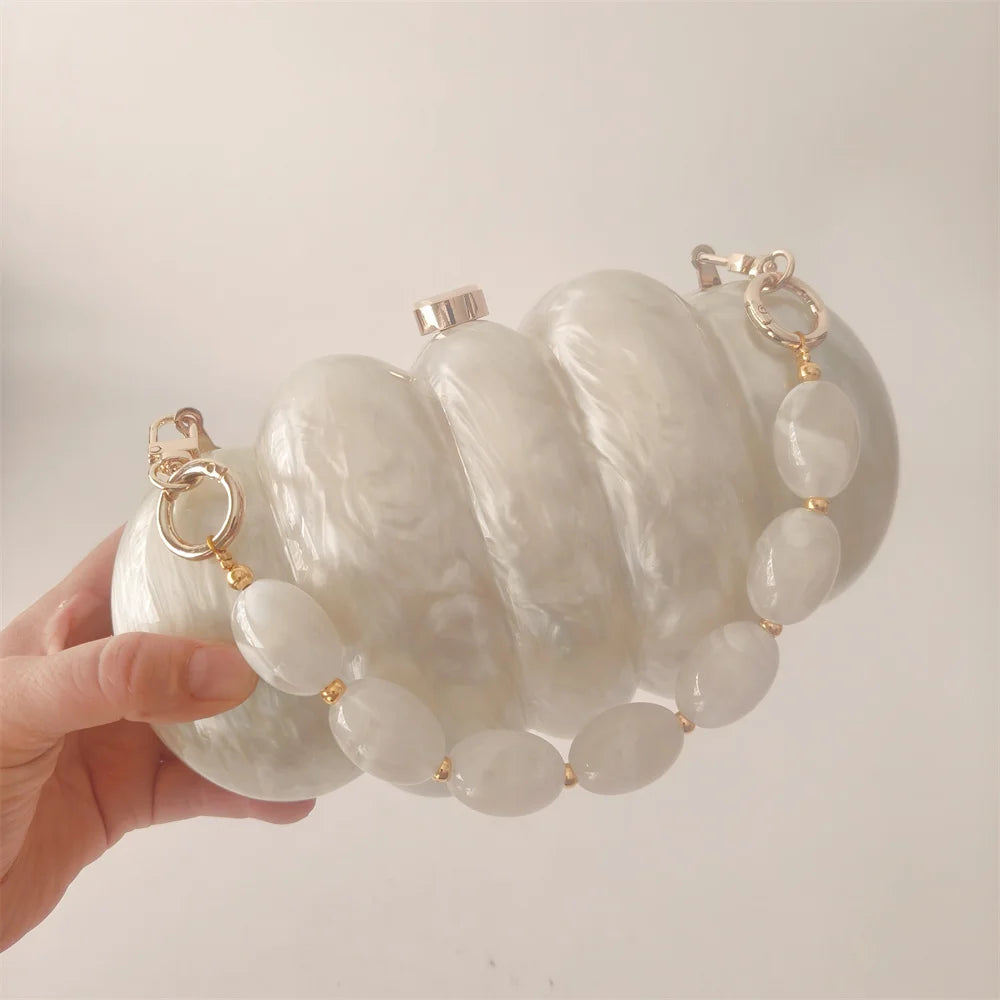 Beige White Pearl Beaded Handle Acrylic Design Purse Holiday Party Handbag