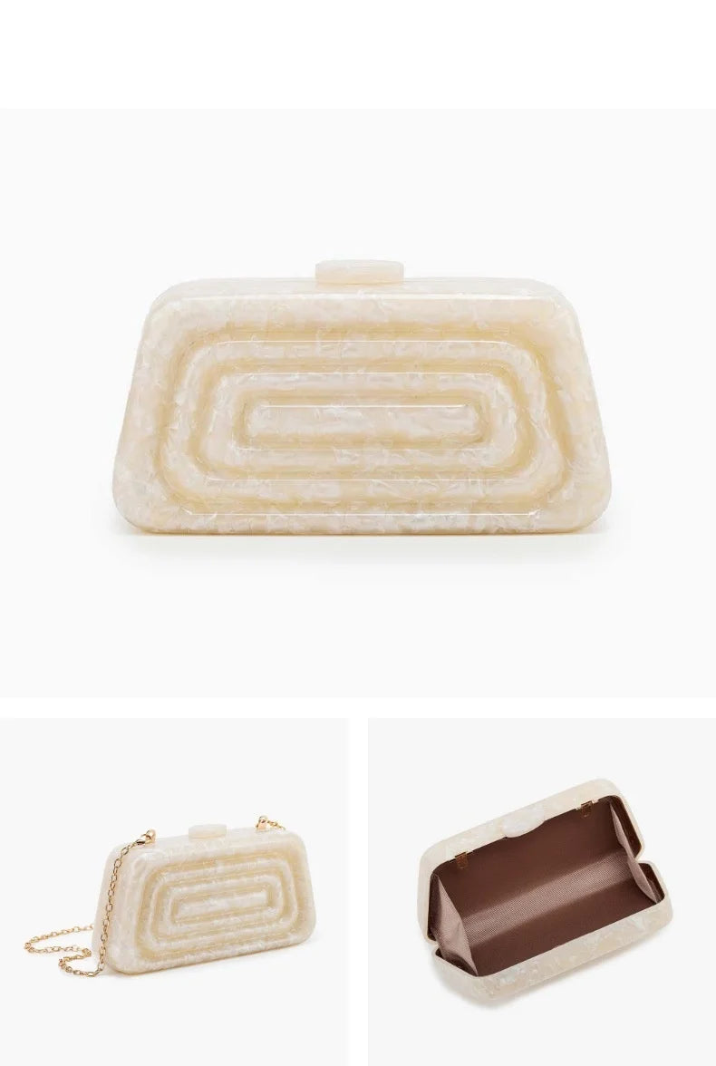 Concave Mini Handbag Banquet Party Bag Clutch Bride Shoulder Crossbody Beige Marble Flower Handmade Acrylic Box Purs