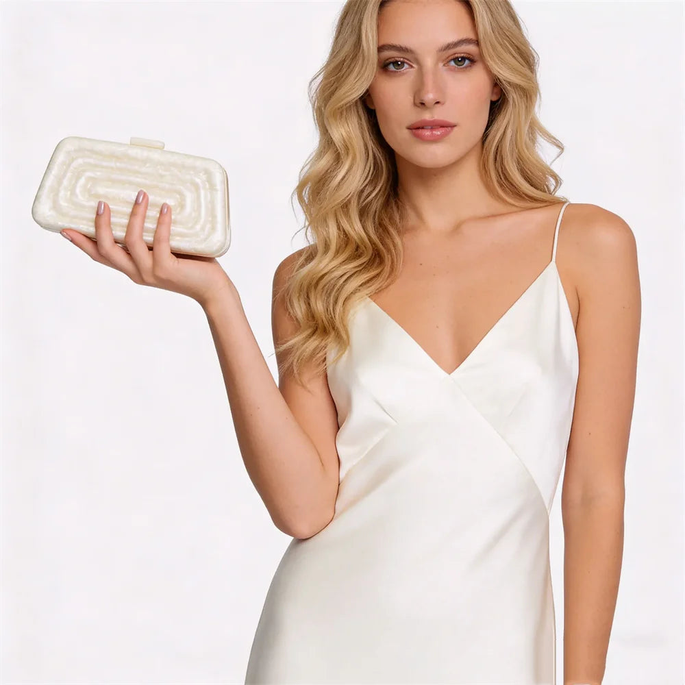 Concave Mini Handbag Banquet Party Bag Clutch Bride Shoulder Crossbody Beige Marble Flower Handmade Acrylic Box Purs