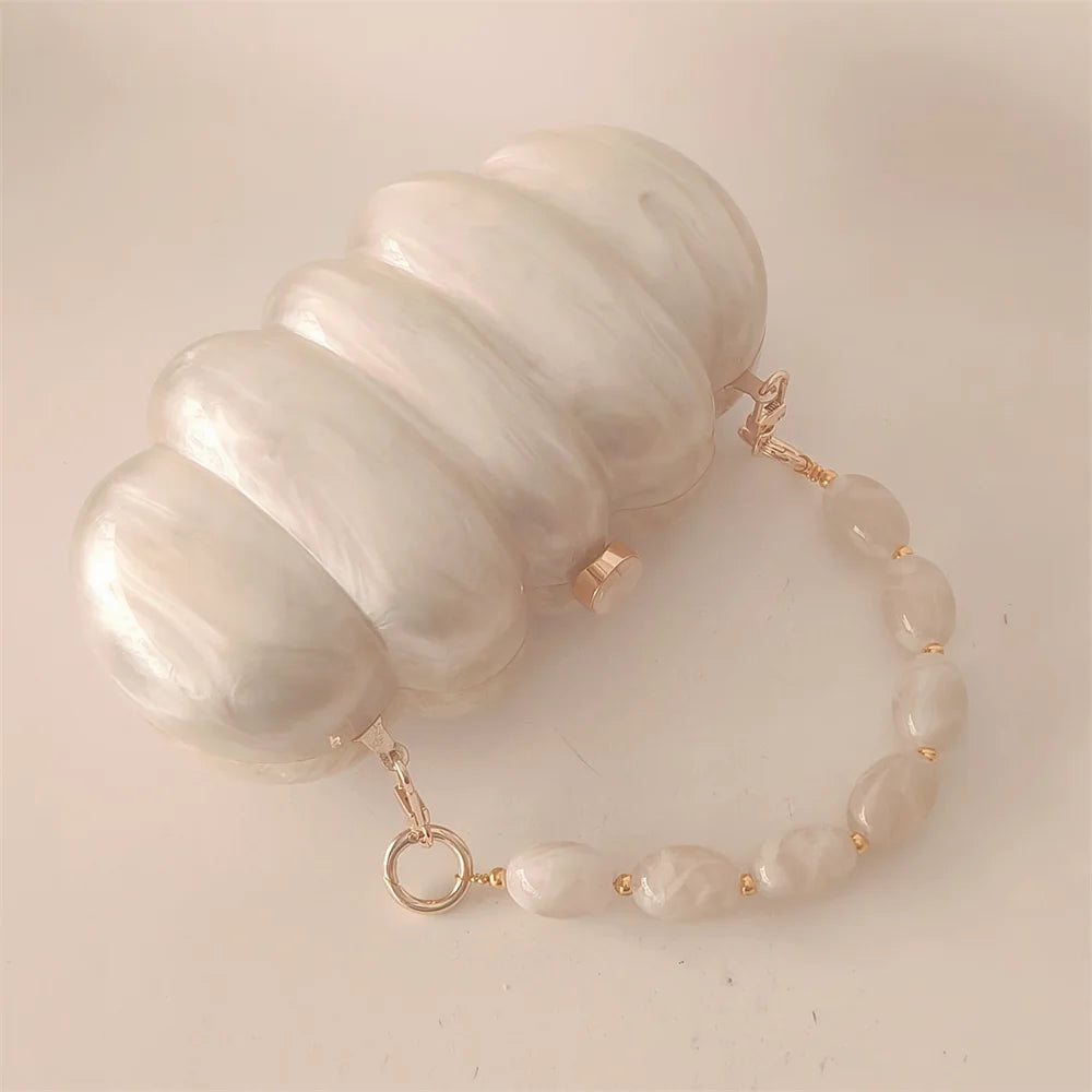 Beige White Pearl Beaded Handle Acrylic Design Purse Holiday Party Handbag