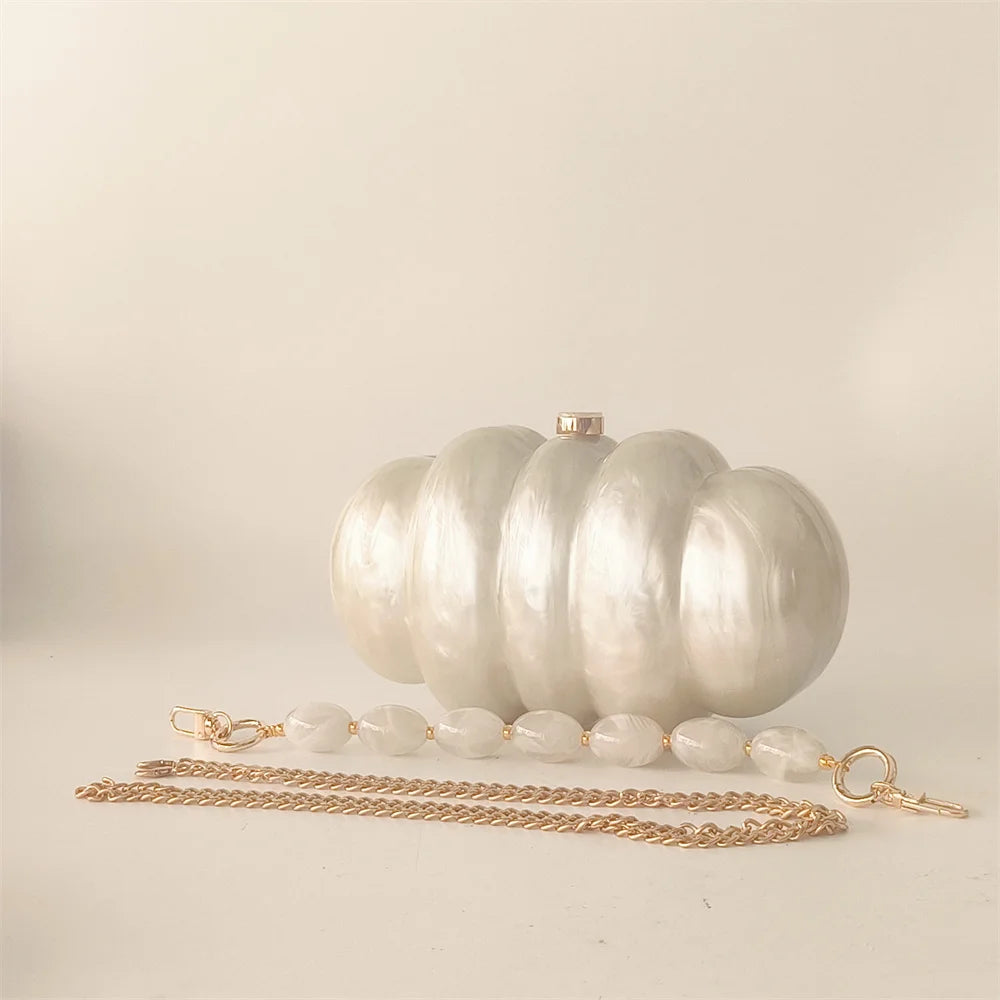 Beige White Pearl Beaded Handle Acrylic Design Purse Holiday Party Handbag
