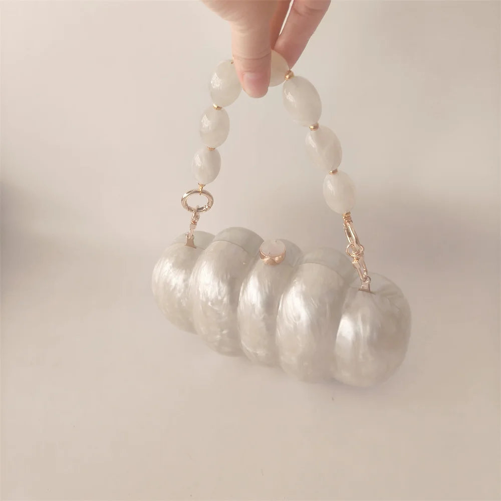 Beige White Pearl Beaded Handle Acrylic Design Purse Holiday Party Handbag