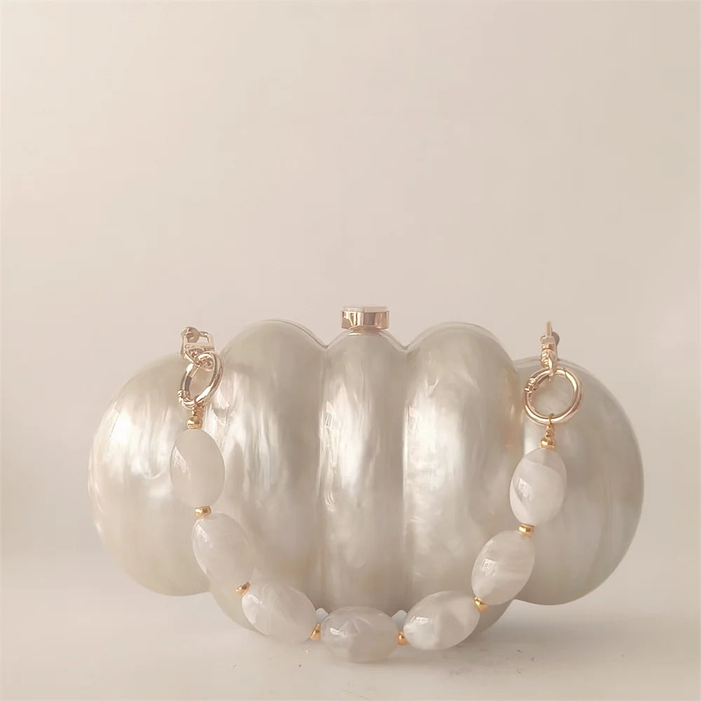 Beige White Pearl Beaded Handle Acrylic Design Purse Holiday Party Handbag