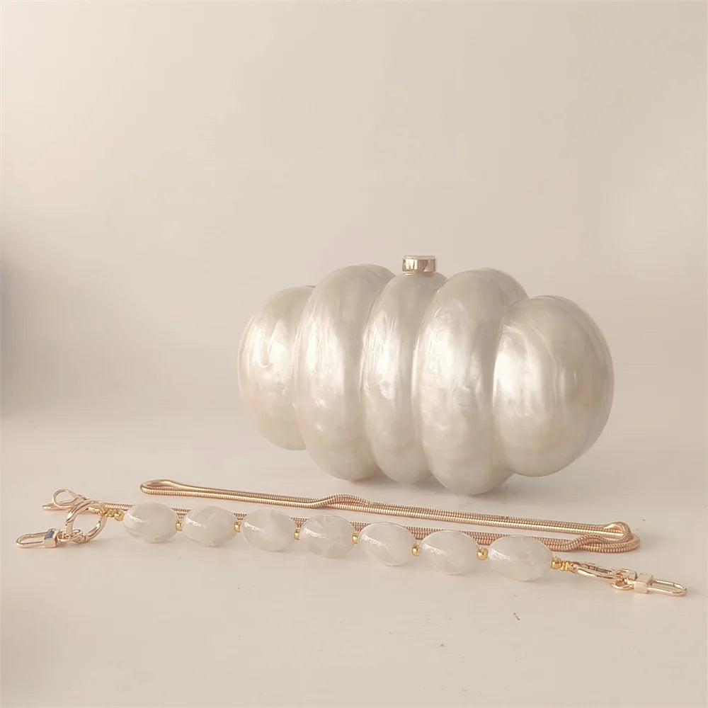 Beige White Pearl Beaded Handle Acrylic Design Purse Holiday Party Handbag